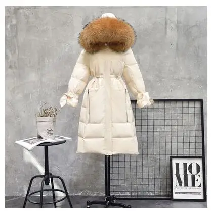 Beige Brown Fur Зимняя женская куртка-пуховик на белом утином пуху, теплый большой меховой воротник с капюшоном, толстая длинная пуховая парка, пальто, Женская одежда оверсайз SF1252 - Цвет: Beige Brown Fur