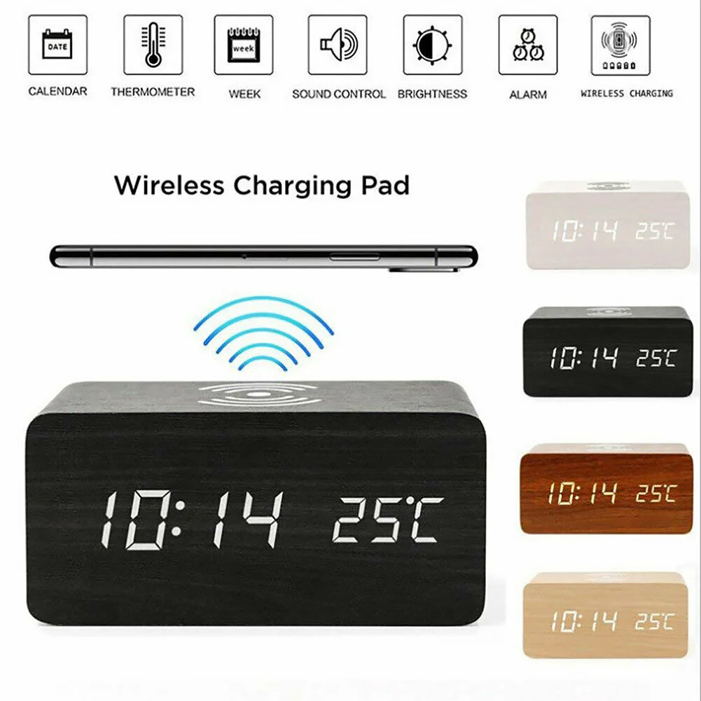 Прямоугольные деревянные часы Голосовое управление USB Led многофункциональный двойной мощность стол Qi Беспроводное зарядное устройство цифровой дисплей домашний подарок будильник