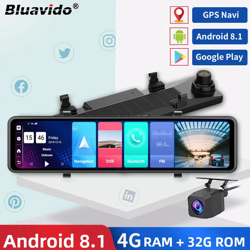 Photo Product Bluavido 12 Inch Car Mirror Android 8.1 DVR Dash Camera 1080P Dual Lens WiFi GPS Navigation ADAS Remote Auto Video Surveillance