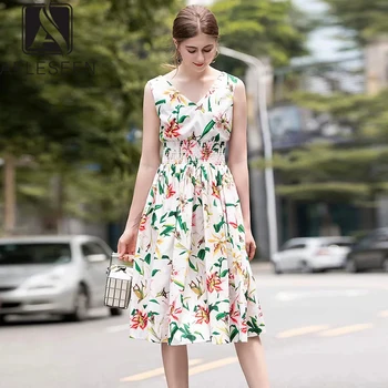 

AELESEEN 2019 New Fashion Lily Series Casual Dresses Women Elegant Sleeveless Elastic Draped Waist A-Line Runway Mid-Calf Dress