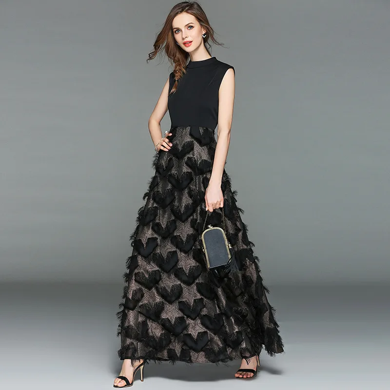 

3293-Photo Shoot Europe And America New Style Elasticity Slim Fit Bronze Feather Dress Elegant Tassels Big Hemline Dress