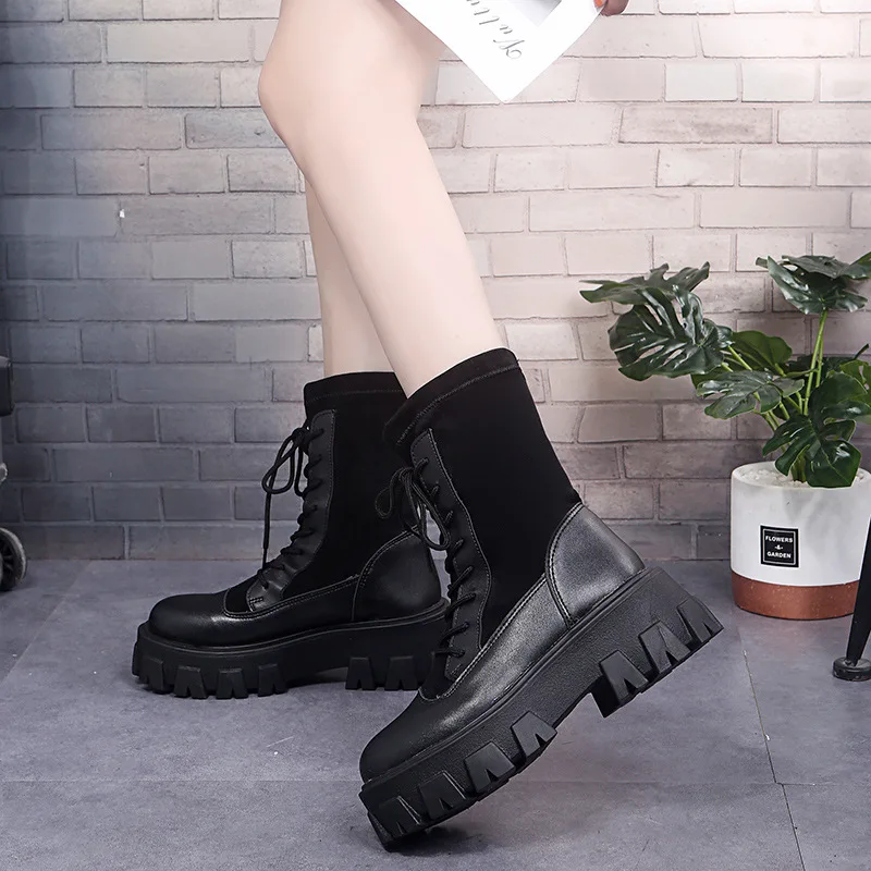 

Chunky-Heel Waterproof Platform Lace-up Europe And America Middle Boots Women's Fabric Leather Stitching Warm Martin Boots High