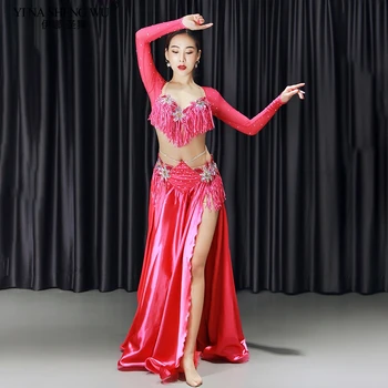 

2020 Women Belly Dance Costume Stage Performance Set Oriental Dance Long Sleeve Bra Skirt Beaded Tassel Dancing Show Suit Outfit