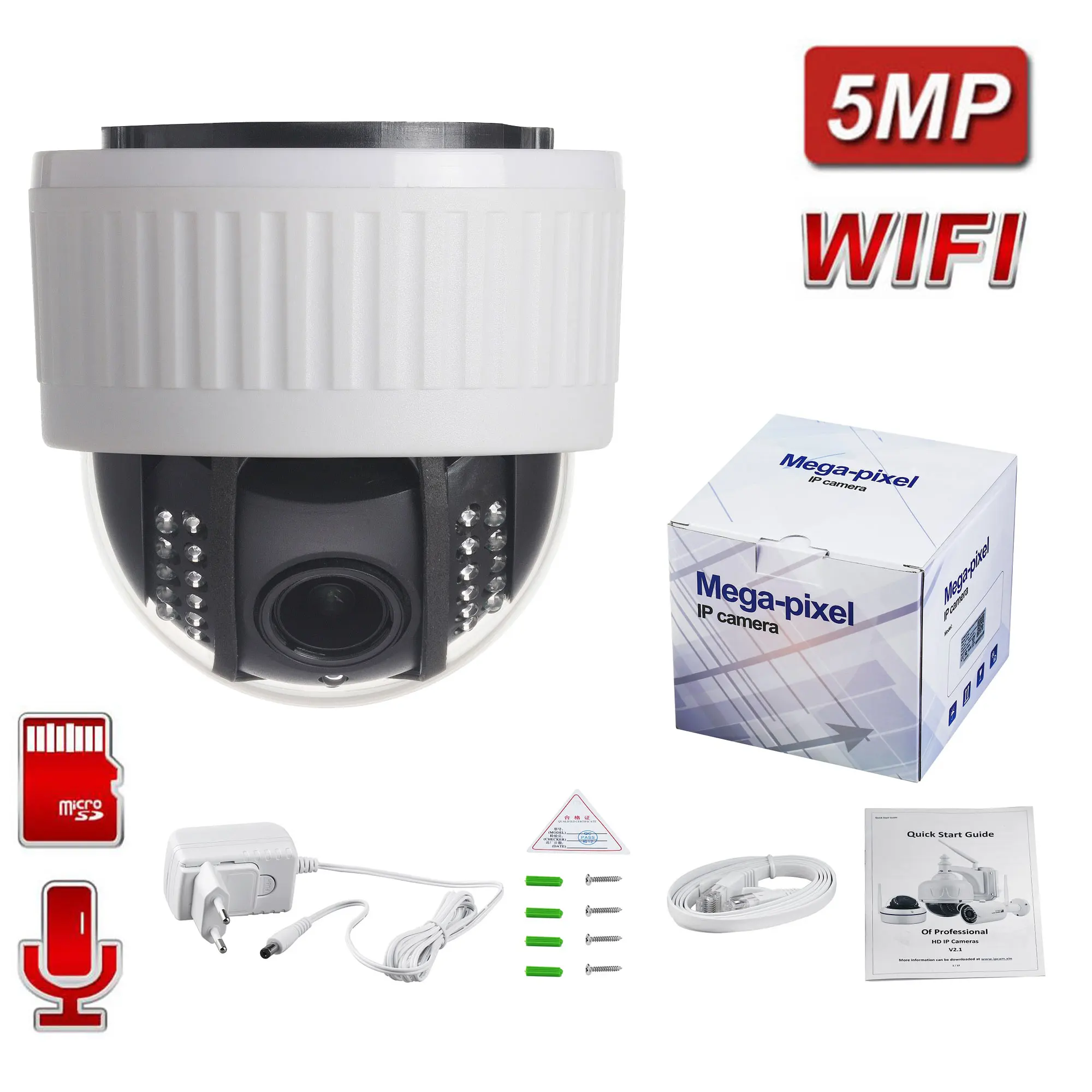 5MP Wifi ONVIF Wireless/Wired Audio Record Email Alert  Dome Camera 5x Auto Optical Zoom IP Camera TF Card Camhi