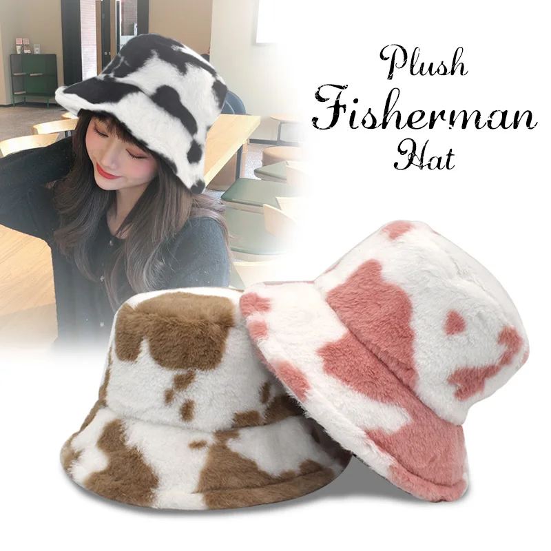 

Autumn Plush Faux Fur Lovely Cow Printing Womens Winter Bucket Hats Thick Warm Girl Japanese Panama Outdoor Travel Fisherman Hat