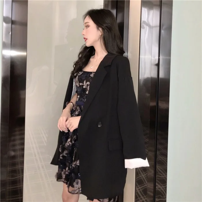 

Spring Clothing WOMEN'S Dress New Style Korean-style Black And White with Pattern Loose-Fit Casual Students Mid-length Suit Coat
