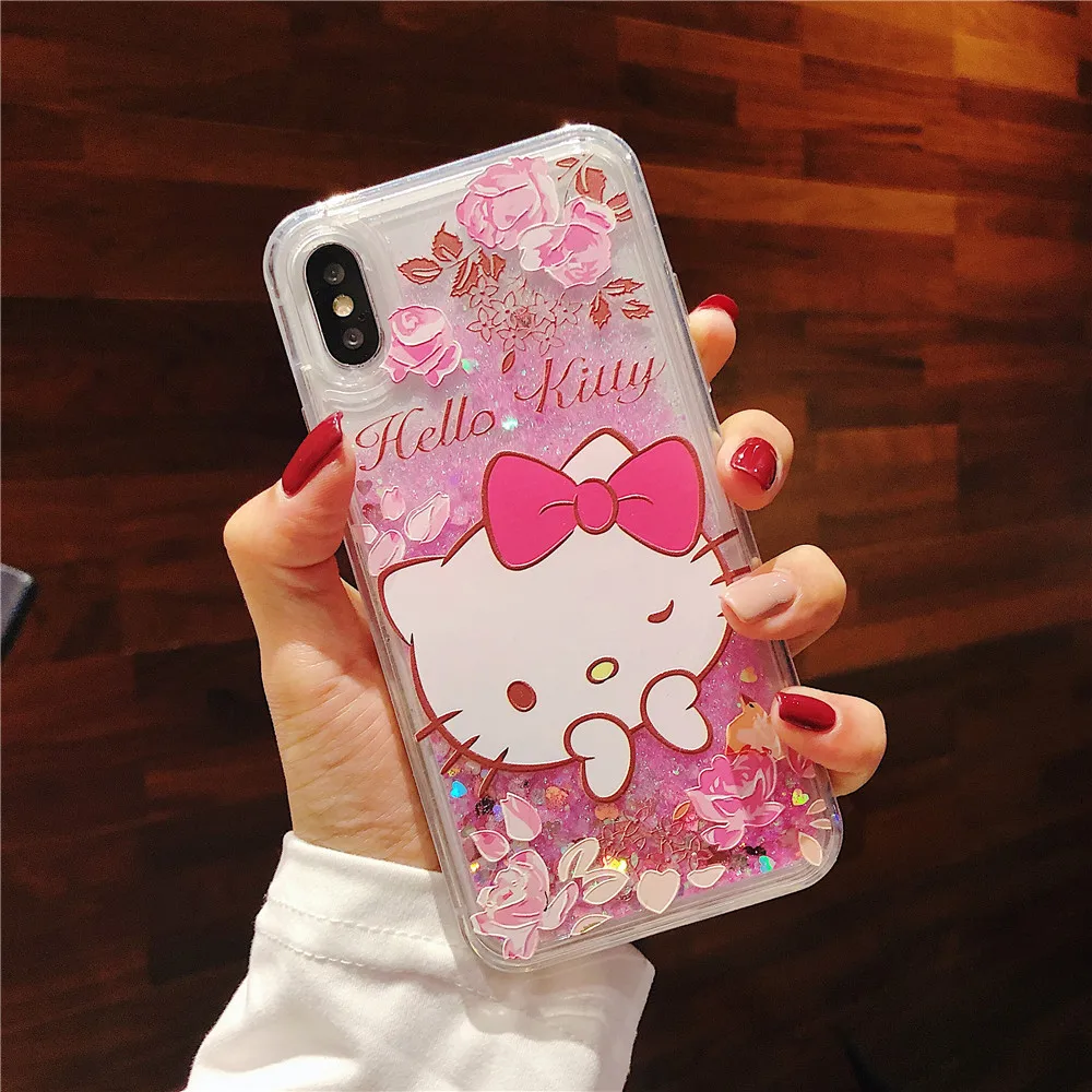 Аниме милый Hello kitty Блестящий зыбучий песок ТПУ чехол для телефона для iPhone 11 Pro 6s 7 8 Plus X XR XS MAX блестящий чехол