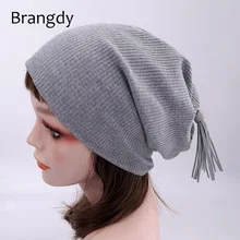 Осенне-зимние хлопковые шапочки с кисточками для женщин, женские мягкие хлопковые шапочки в рубчик, мешковатые шапки больших размеров Skullies Gorros для девочек