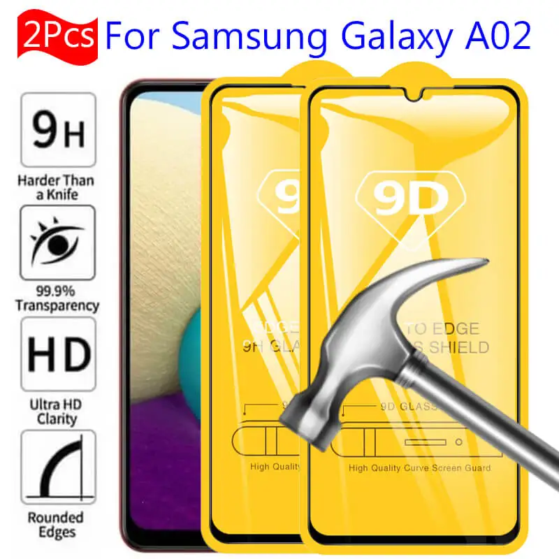 Protector de pantalla de cristal 9D para Samsung Galaxy A02, armadura 3D de cristal protectora para Samsung Galaxy A02 A32 A72 A02s A52 A 02, 2 unidades