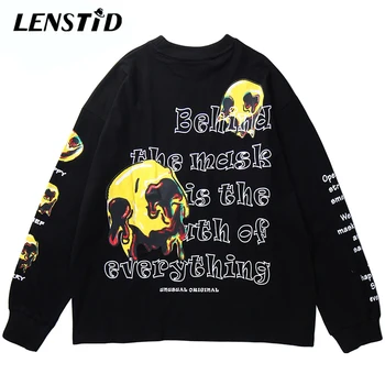 

LENSTID Men Hip Hop T Shirt Long Sleeve Mask Print Streetwear Harajuku Tshirt Loose Oversize 2020 Spring T-shirt Cotton Top Tees