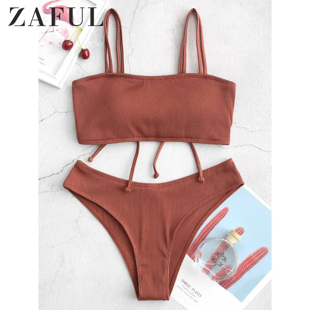 ZAFUL Women Cherry Red Textured Ribbed Cinched Dual Strap Bikini Swimsuit 2020 Solid Tie Removable Padded Swimwears Summer|Bikini Set| - AliExpress