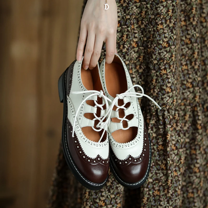 Women Genuine Leather Oxford Shoes Round Toe Black White Lady Lace Up Brogues Loafers Casual Shoes for Women Leather