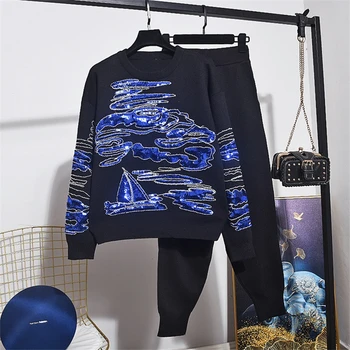

2020 Spring Autumn 2 Piece Set Women Set Sequins Long-sleeve Knitted Sweater + Little Feet Pants Fashion Ladies Tracksuit Set