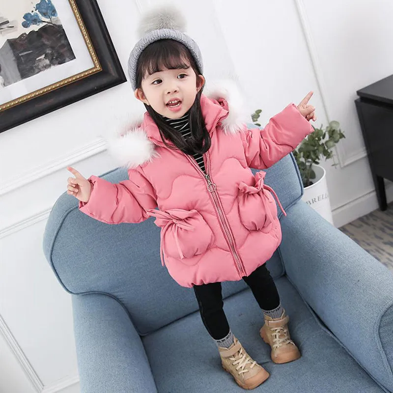 pifen se Children Girls Winter Fashion Warm Thick Cotton Down Jackets With Fur Hat Kids Wadded Parkas Baby Girls Clothes Outwear V25 - Color: pifen se