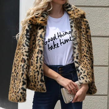 

JULY'S SONG Leopard Printed Women Faux Fur Coat Autumn and Winter Long Sleeves Short Outerwear Ladies Fashion Overcoat