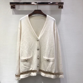 

Spring White Cardigan Women V-neck Long Chain Sleeve Cardigan Sweater 2019 Pockets Solid Female Cardigan