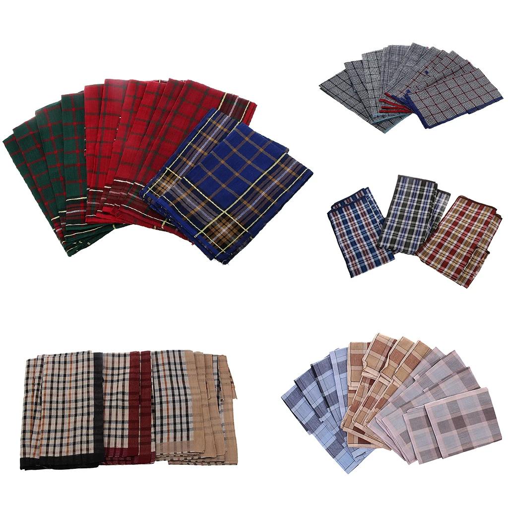 12pcs 100% Cotton Square Wedding Party Hanky Hand Towel Mens Plaid HANDKERCHIEFS   Square Super Soft Washable Hanky