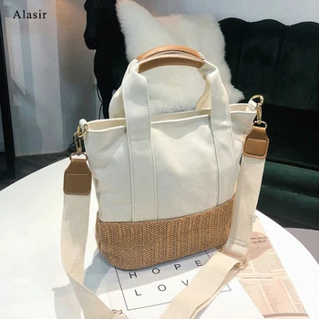 

Alasir Korean Style Stitching Woven Canvas Bag Fashion Casual Shoulder Bag Female Casual Tote Bags for Women Crossbody Bags