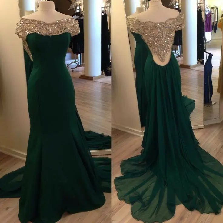 

Mermaid Long Beaded Green Off Shoulder Evening Dresses Satin Floor Length Zipper Back Peacock Blue Formal Party Dress for Women