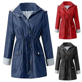

trençkot Plus Size Women Trench Solid Color Lapel Long Sleeve Waist Drawstring Hooded Dust Coat Elegant Bandage Windbreaker