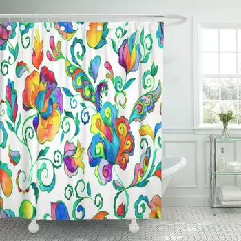 

Watercolor Hand Paisley Pattern Whimsical Flowers Leaves Brunches Oriental Shower Curtain Waterproof Polyester Fabric 72 x 78