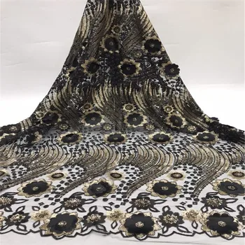 

black Sequined Embroidered African Mesh Tulle Lace Fabric Elegant Design Nigerian Sequins Guipure Evening Dresses Net Material