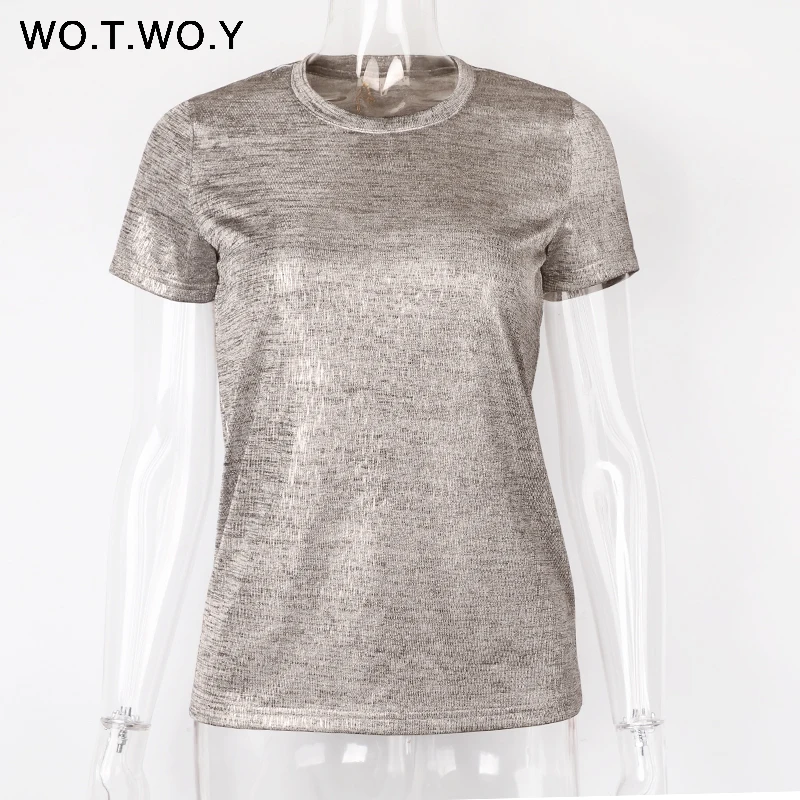 Silver Shiny Lurex Knitted T Shirts Women 2019 Summer Sexy Slim O-Neck Short Sleeve T shirt Woman Solid Tees Harajuku