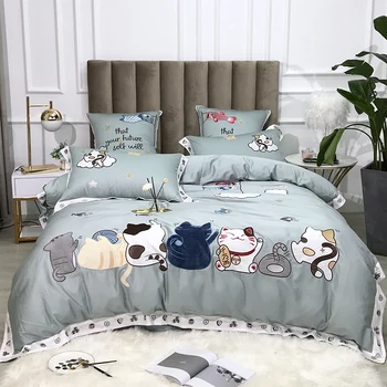 

Lucky Cat Duvet Cover set Chic Floral Embroidery Bedding set 4Pcs set Soft Egyptian Cotton Comforter Cover Bed Sheet Pillowcase