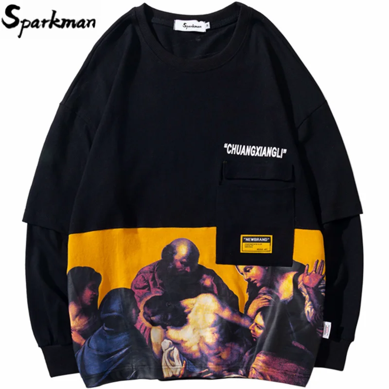 

Men Hip Hop Streetwear Sweatshirt Pullover Retro Painting Print Hoodie Pullover Harajuku 2019 Autumn Casual Sweat Shirt Thin Top