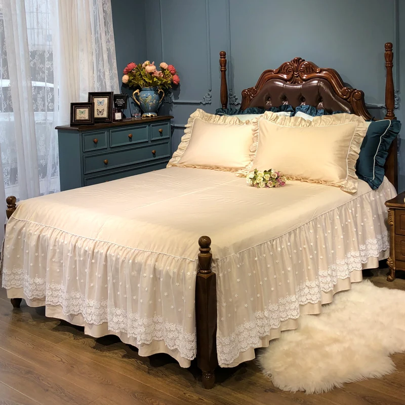 

2019 new products Egyptian cotton Bedspread Fitted Sheet Pillowcases 2/3pcs Solid Princess Lace Bedding