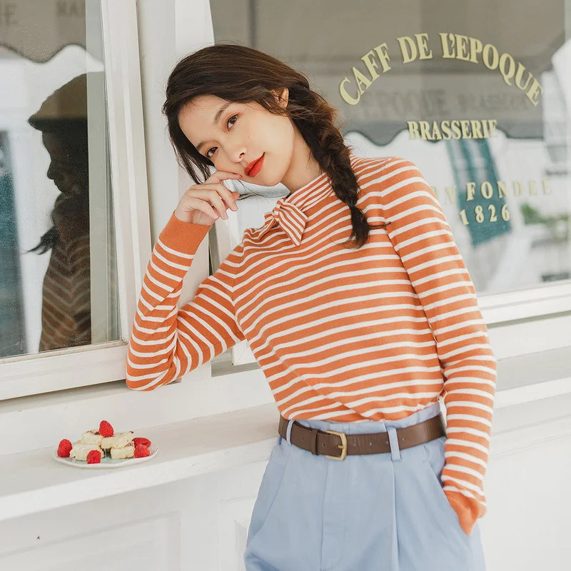 

INMAN 2020 Spring New Arrival Literary Bowknot Contrast Color Stripe Basic Knit Sweater