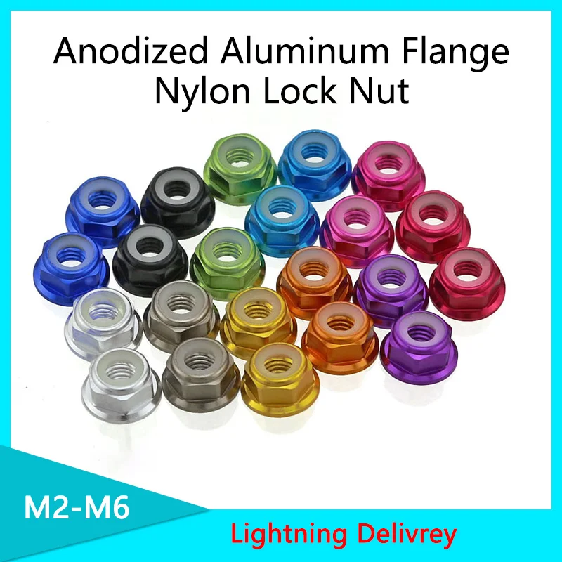 Anodized Aluminum Flange Nylon Lock Nut M2 M3 M4 M5 M6 Red/black/ Blue