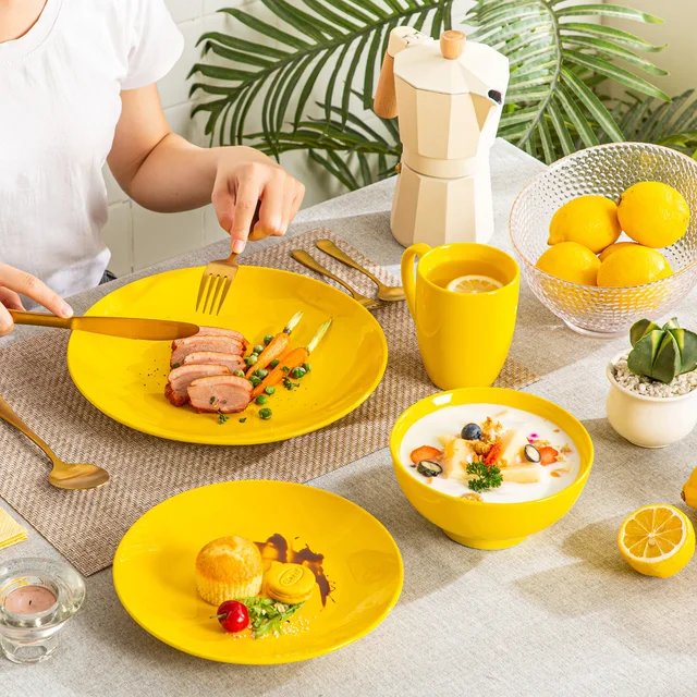 Lovecasa Ds 16/32/48 Darabos Sárga Kerámia Porcelán Étkészlet Asztali Vacsora Vacsora, Desszert Tányér, Tál, Bögre Szett - Image 5