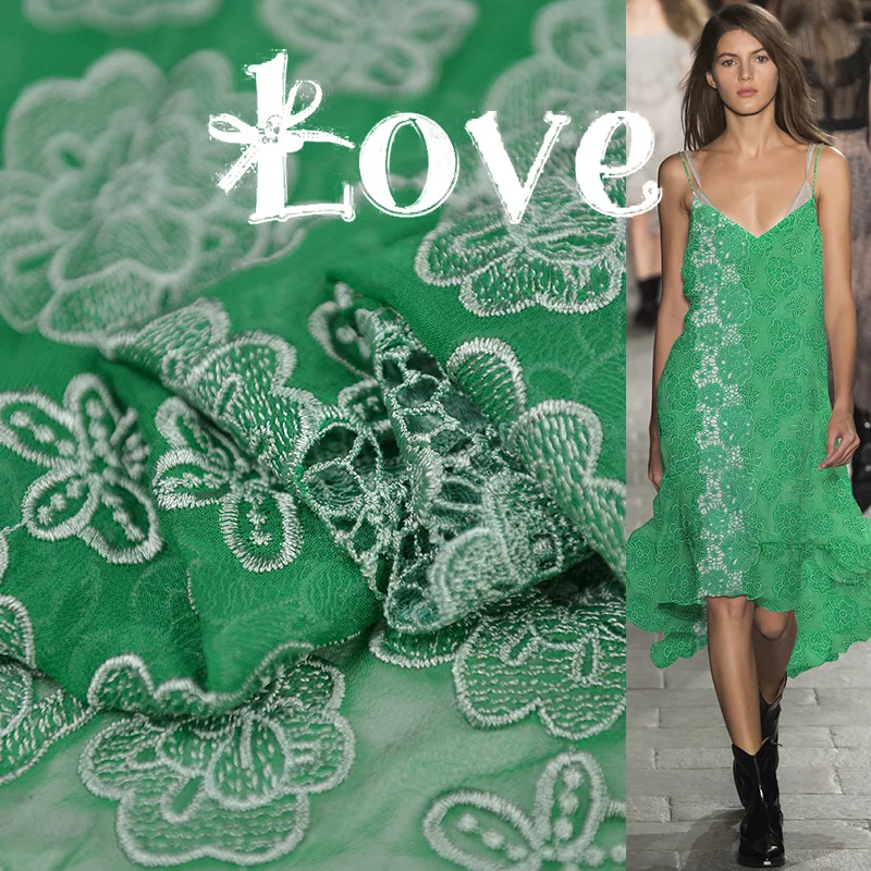 

100cm*85cm Bridal Lace Material Green Embroidery Silk Georgette Fabric Natural