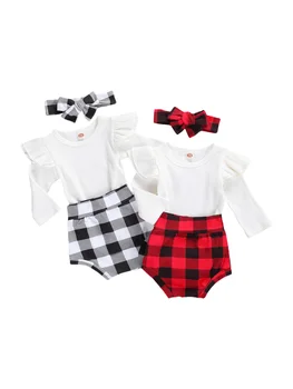

Newborn Baby Girls 3-piece Outfit Set Long Sleeve Romper+Plaid Shorts+Headband Set