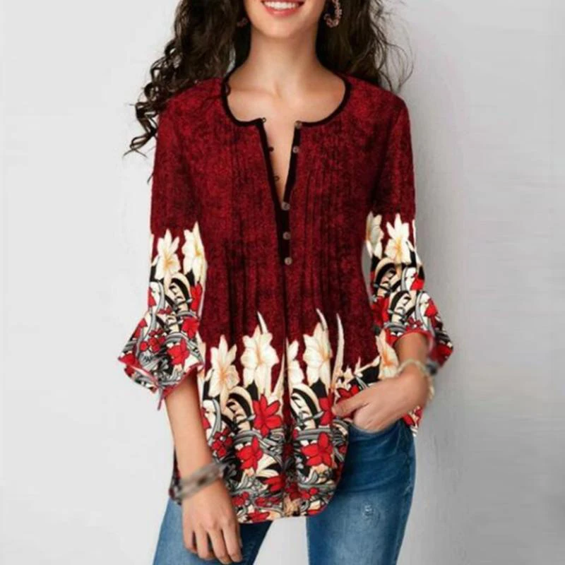 

Women Tops Ladies Blouse Summer V Neck 3/4 Sleeves Loose Fashion Baggy Ruffles Retro Printed Buttons