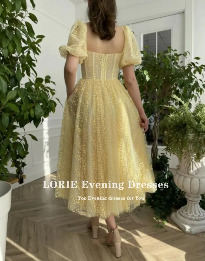 long sleeve prom & dance dresses Eightale Yellow Prom Dress 2021 Embroidered Dandelions Boning Short Puffy SleevesTea-length Side Pockets Evening Party Gown light blue prom dresses