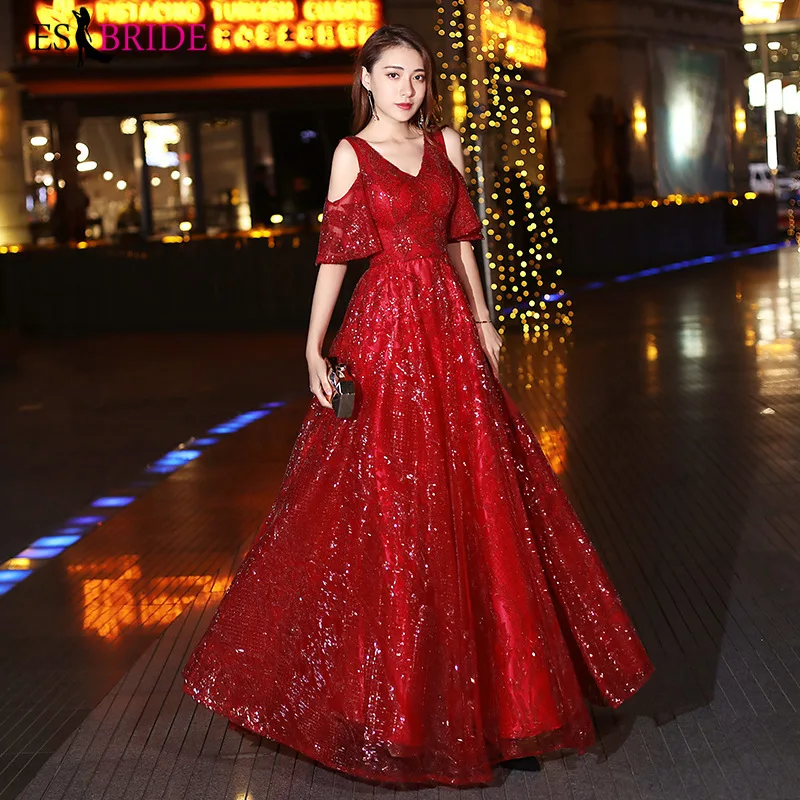 

Red Evening Dresses Long ES1408-1Sexy V-neck A-line Sleeveless Backless Lace Teal 2019 Elegant Wedding Guest Gowns