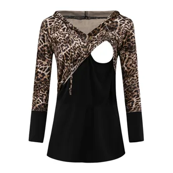 

New Maternity Clothes Leopard Breastfeeding Clothes Lactation Jacket Large Size Long Sleeve Hooded Shirt Pregnant Woman T-Shirt