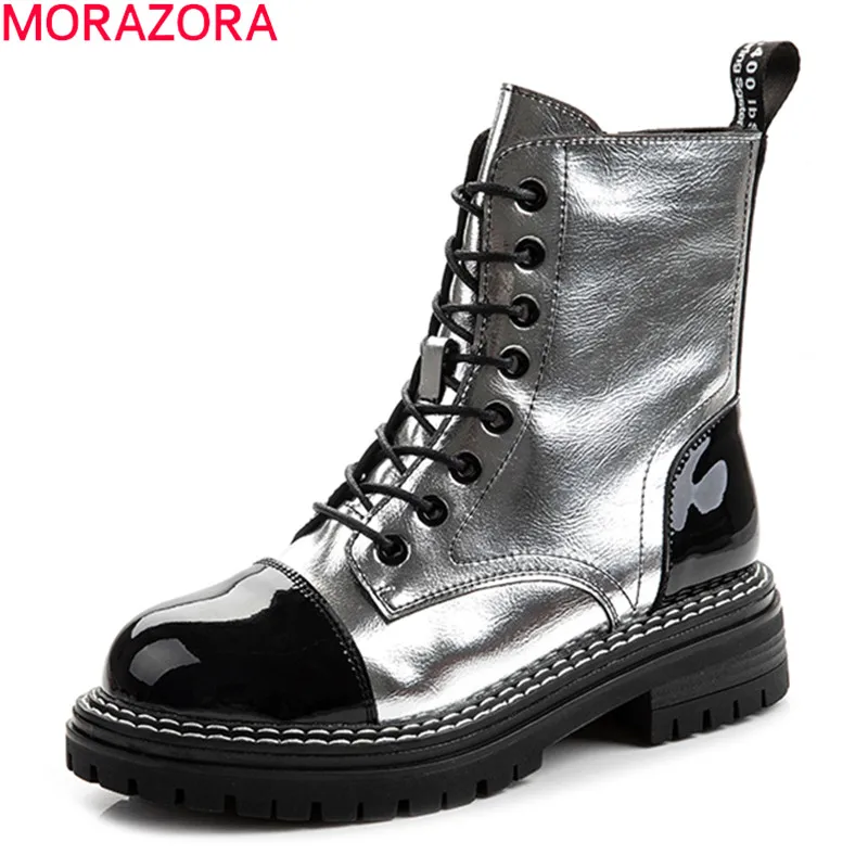 

MORAZORA 2020 new arrive popular patent leather women brand boots comfortable med heels round toe lace up winter ankle boots