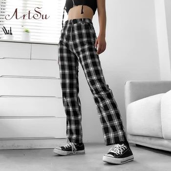

ArtSu Casual Straight Plaid Pants Women Harajuku High Waist Long Trousers Checkered Sweatpants Lady Streetwear Summer ASPA20269