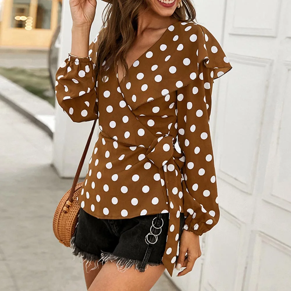 

Spring Summer Office Ladies V-Neck Polka Dots Vintage Blouse Long Sleeve Pullover Lace-Up Casual Sunscreen Shirt WomenOffice Top