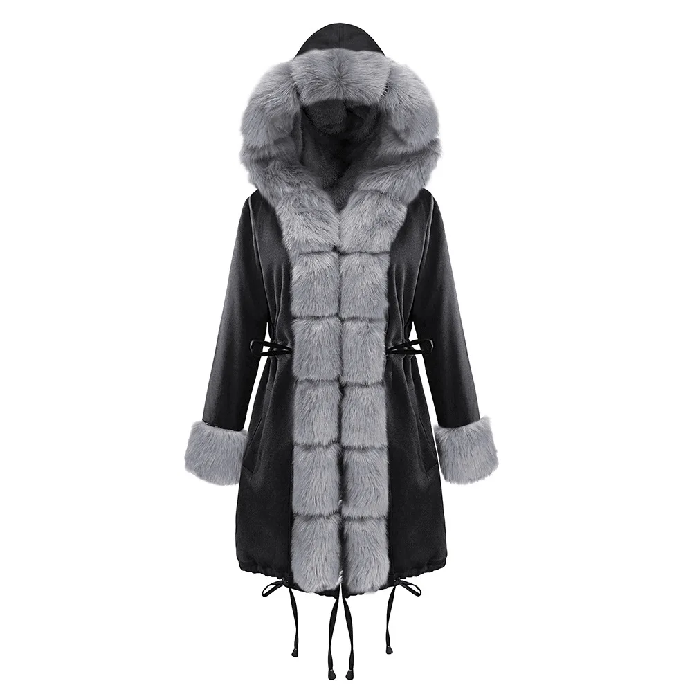 Brand New Style Big Wool Collar Winter Coat Women Clothes Warm Thick Loose Coats Casual Hooded Long Sleeve Jacket Coat Female - Цвет: 19D007-black