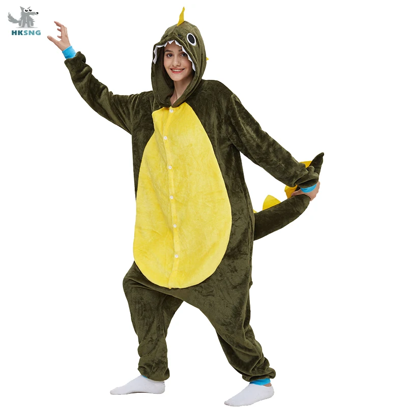 HKSNG High Quality Animal Dinosaur Adult Kigurumi Onesie Green Dragon Pajamas Cartoon Flannel Cosplay Costumes Sleepwear