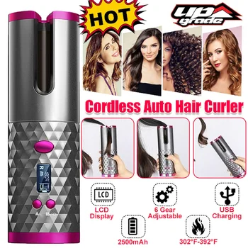 

Cordless Auto Rotating Ceramic Hair Curler USB Rechargeable Curling Iron LED Display Temperature Adjustable Curling Wave Styer