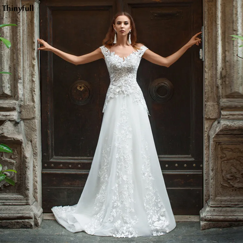 

Thinyfull 2020 Lace Wedding Dresses Sheer Scoop Cap Sleeves Illusion Back A-Line Arabic Mariage Gowns Elegant Abito Da Sposa
