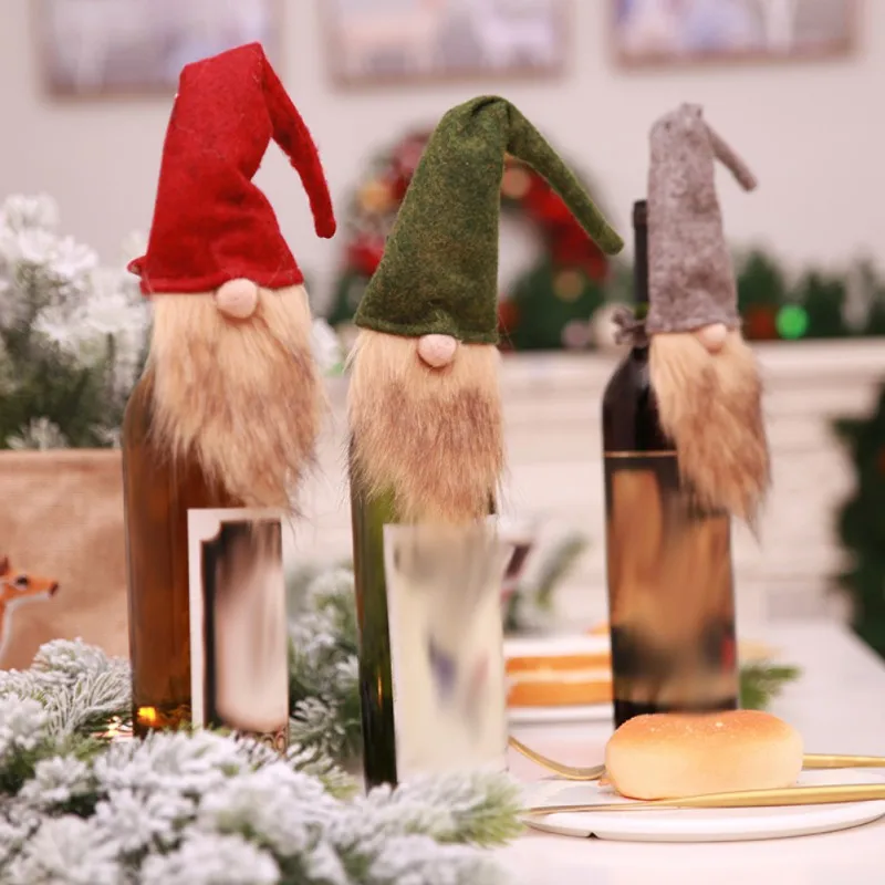

P2018 Yellow Long Beard Santa Claus Elf Bottle Set Festival New Year Dinner Party Christmas Decorations for Home PCMMA
