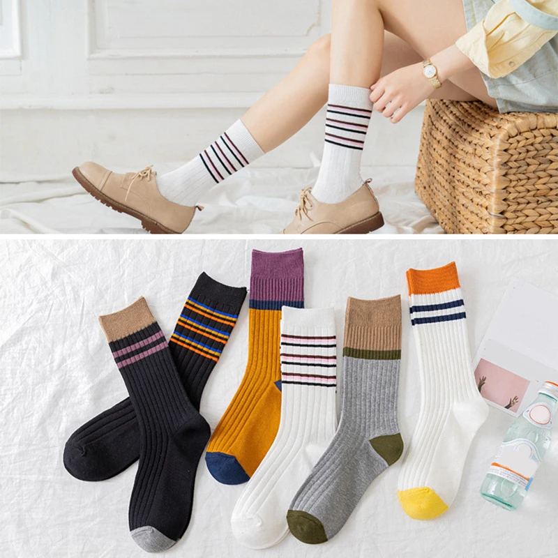 

Colorful Stripe Cotton Socks Casual Breathable Fashion Two-Bar Tube Soft Socks Couple Comfort Socks For Women Girls