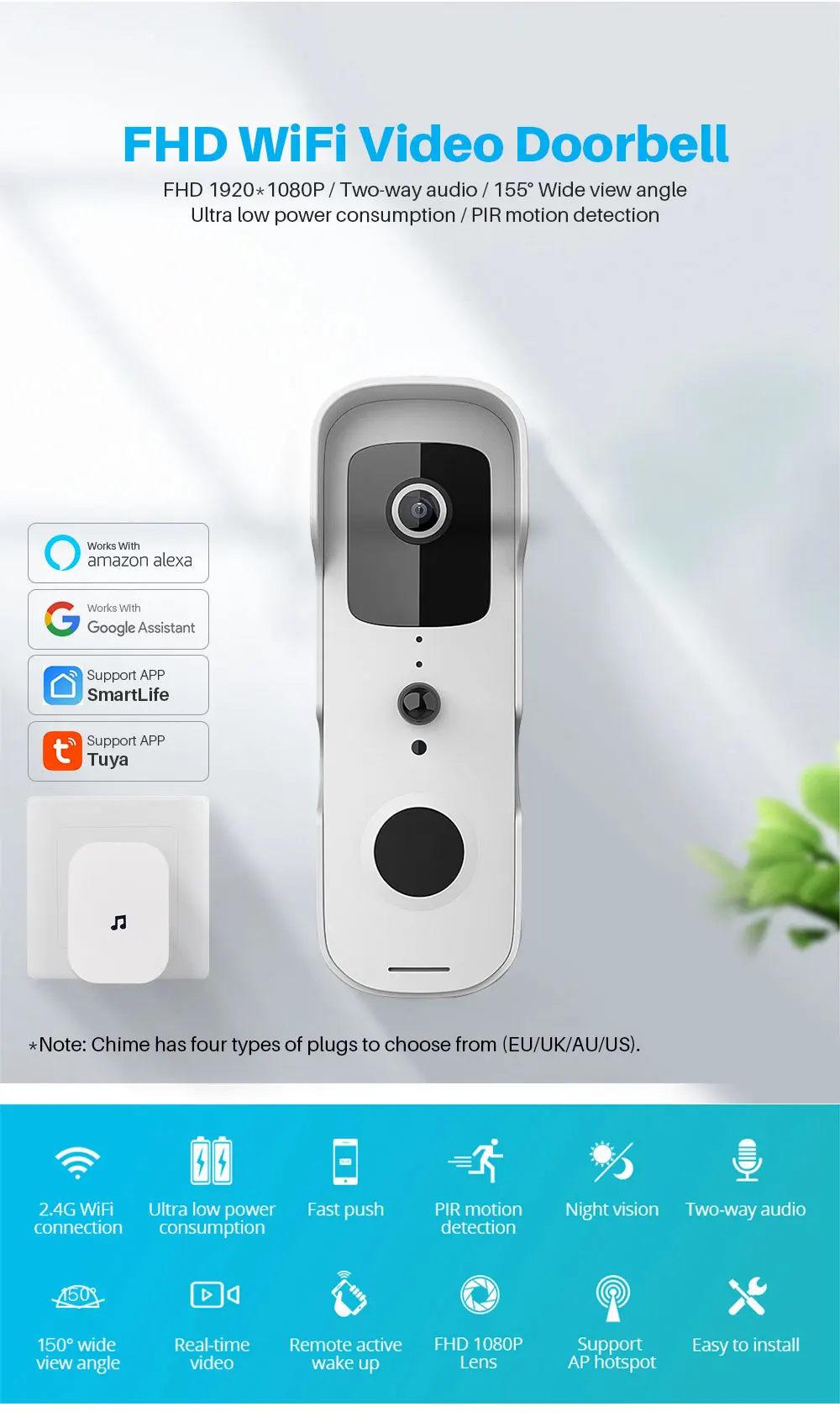 video intercom 1080P Video Doorbell Camera Tuya Smart WiFi Video Doorbell  IP Camera Two-Way Audio Support Alexa Google Home Intercom Door Bell micron touch screen video intercom