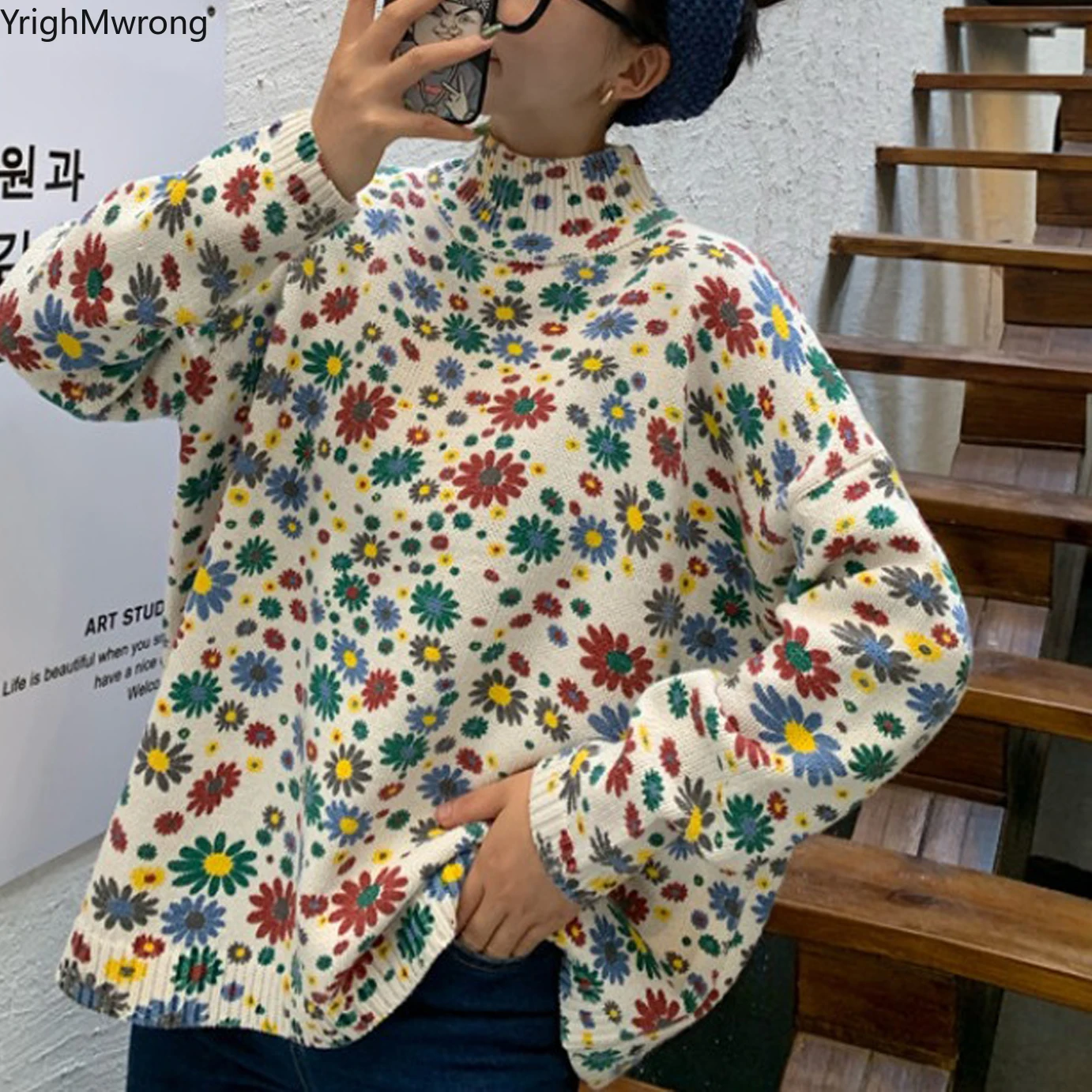 

Lolita Women Korean Daisy Graphic Flower Half Turtleneck Loose Sweater Sexy Knit Pullover Oversized Kawaii Top Fashion Jumper